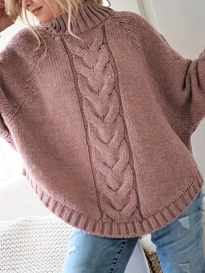 Women's Knitted Sweater - Cable Knit Poncho Design - High Neck - Oversized Fit