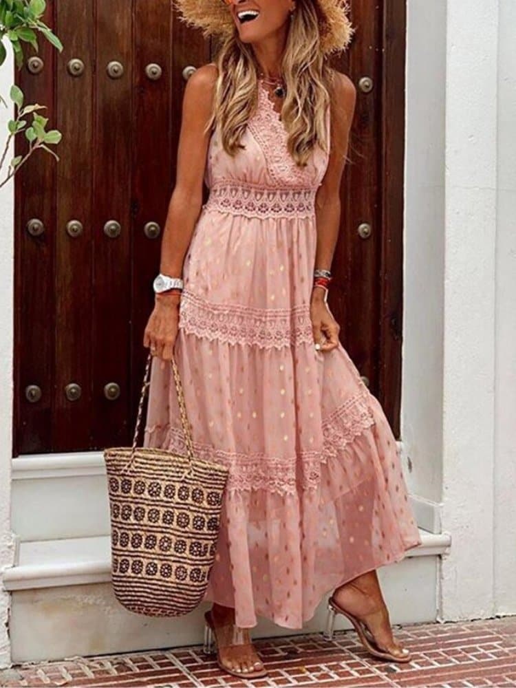 Women's Maxi Dress - V-neck Sleeveless - Lace and Ruffles - Elegant and Comfortable