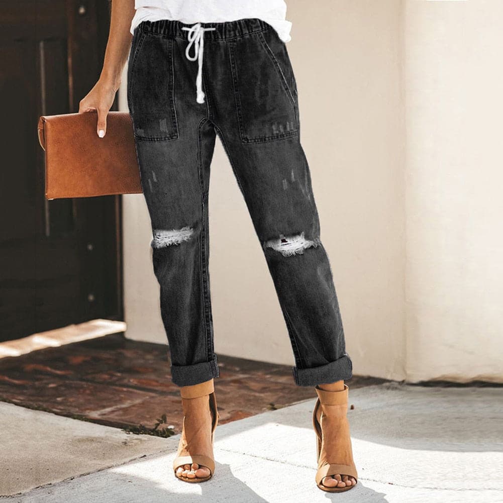 Dame Jeans – Avslappet Passform – Ripped Denim – Elastisk Midje med Snøring