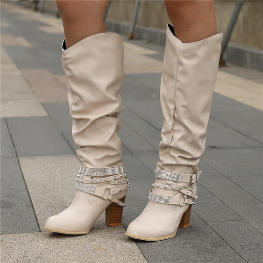 Women's Knee-High Boots - Leather Look - Block Heel - Decorative Straps with Studs