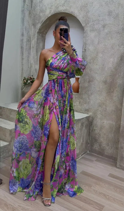 Dress woman – maxi dress with floral pattern – one shoulder – high slit – elegant fit