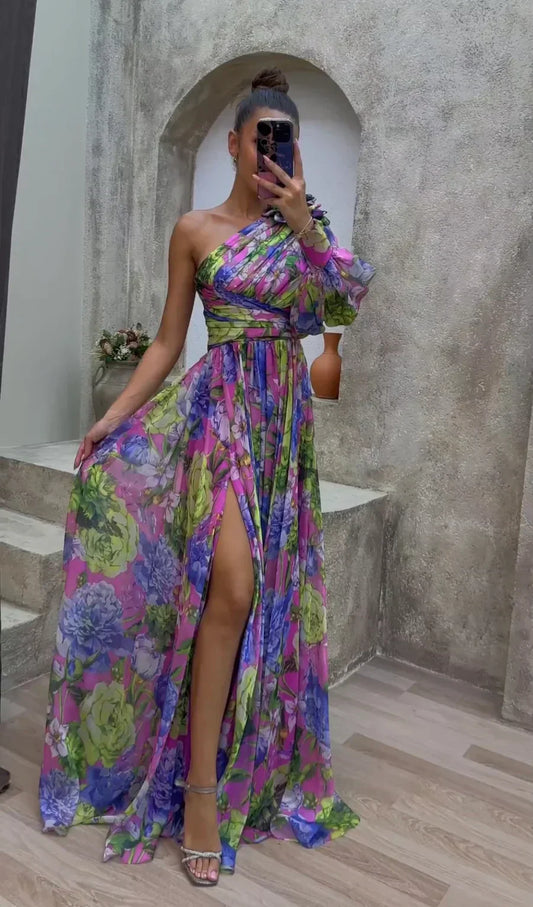 Dress woman – maxi dress with floral pattern – one shoulder – high slit – elegant fit