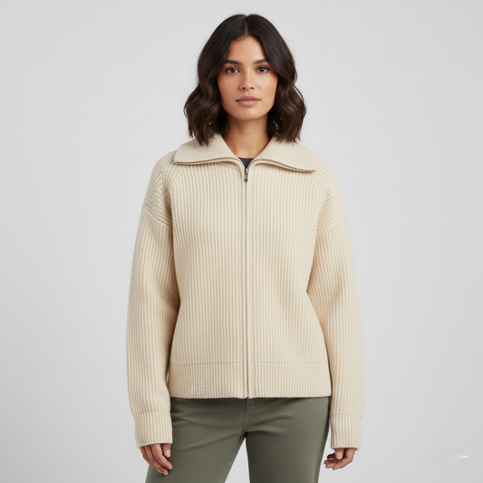 Women's Cardigan – Fitted Fit – Ribbed Knit Wool – High Collar – Zipper Closure