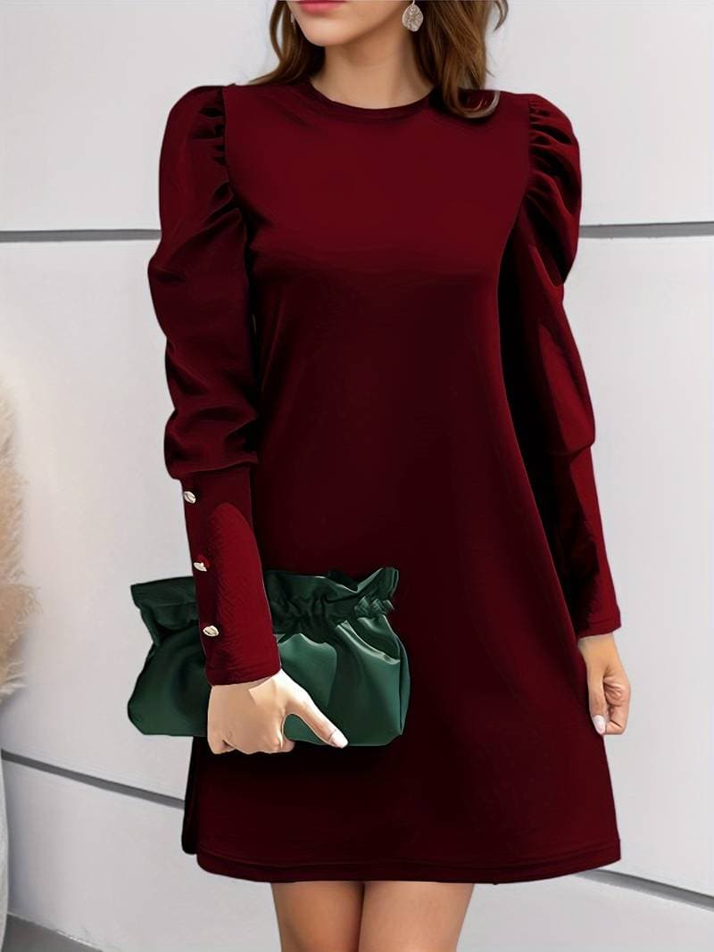 Dress for Women – Elegant A-Line – Puff Sleeves – Knee-Length – Button Details