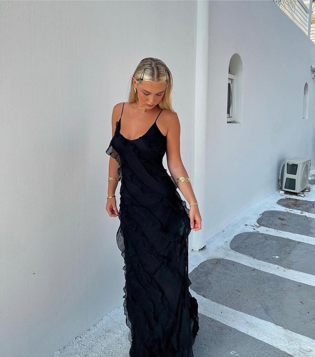 Dress woman – Maxi dress – Slim fit – Spaghetti straps – Ruffle details – Chiffon look
