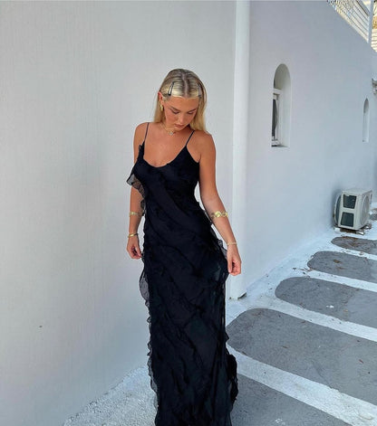 Dress woman – Maxi dress – Slim fit – Spaghetti straps – Ruffle details – Chiffon look