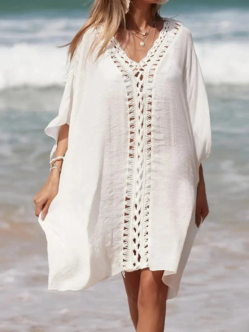 Women's Beach Dress – Light and Airy – V-neck with Crochet Details – Loose Fit – Short Sleeves