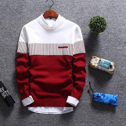 Men's Sweater – Wool Blend – Regular Fit – Round Neck – Striped with Chest Pocket