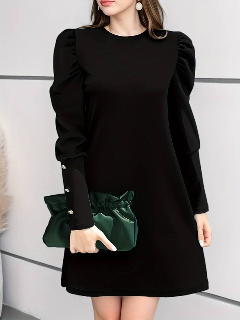 Dress for Women – Elegant A-Line – Puff Sleeves – Knee-Length – Button Details