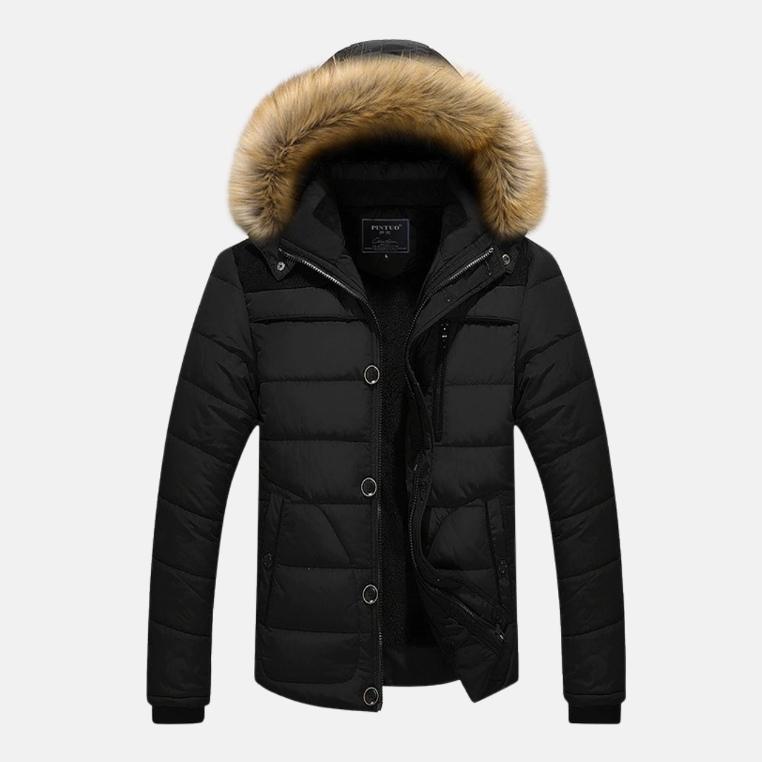 Men’s Jacket - Quilted Shell - Slim Fit - Removable Faux Fur Hood - Ribbed Cuffs