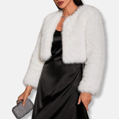 Women’s Cropped Jacket - Faux Fur - Collarless Neckline - Open Front - Long Sleeve