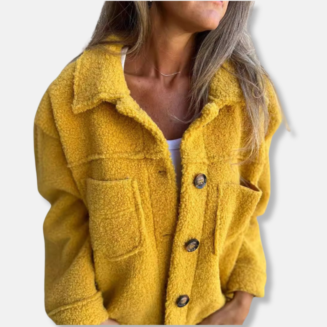Women's Sherpa Jacket - Soft Fluffy Texture - Relaxed Fit - Button Closure and Pockets