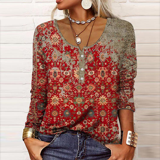 Women's Long-Sleeve Top – Relaxed Fit – Soft Knit – Boho Pattern – Henley Neckline