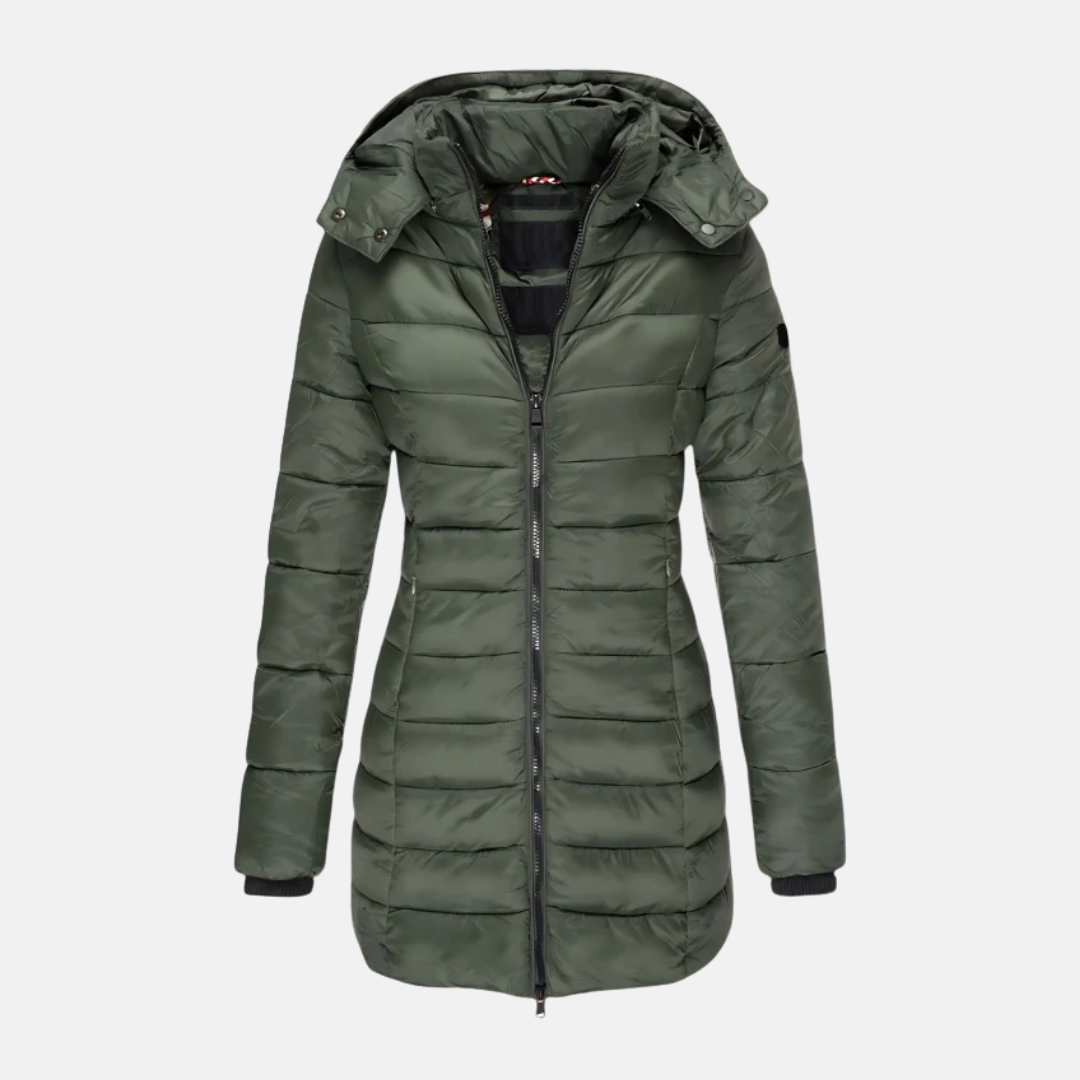 Women’s Puffer Coat - Slim Fit - Mid-Thigh Length - Hooded