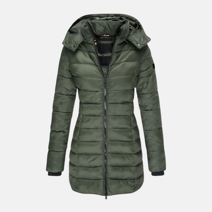 Women’s Puffer Coat - Slim Fit - Mid-Thigh Length - Hooded