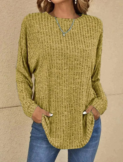 Women's Sweater - Knitted Texture - Long Sleeved - Relaxed Fit - Round Neck