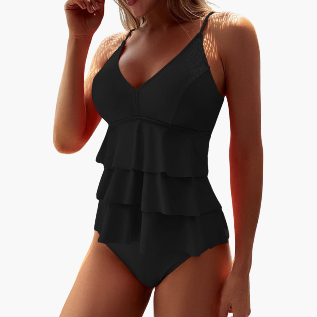 Women's Tankini Set – Ruffle Top with V-neck – Adjustable Straps – Supportive Fit