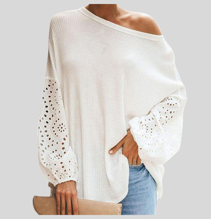 Dame Strikkegenser - Off-Shoulder - Løs Passform - Lange Ermer med Blonder Utskjæringer