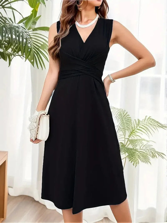 Women's Dress - Sleeveless V-neck - Fitted Waist - A-line Fit - Elegant Style