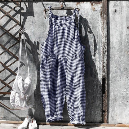 Women's Jumpsuit – Relaxed Fit – Wide Legs – Sleeveless – Natural Fibers – Adjustable Straps – Checkered Pattern