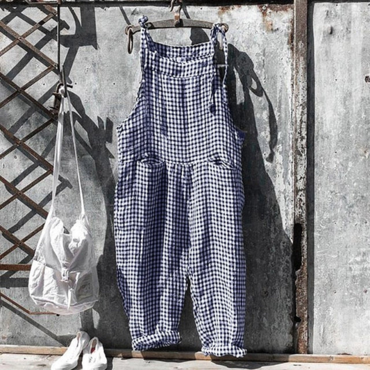 Women's Jumpsuit – Relaxed Fit – Wide Legs – Sleeveless – Natural Fibers – Adjustable Straps – Checkered Pattern