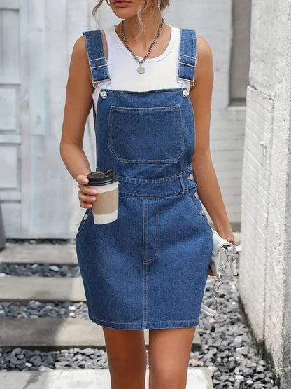 Women's Overall Dress – Denim – Adjustable Straps – Mini Length – Practical Pockets