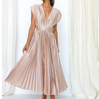 Dress for Women – Midi Length – A-line Fit – V-neck – Elegant Pleated Design