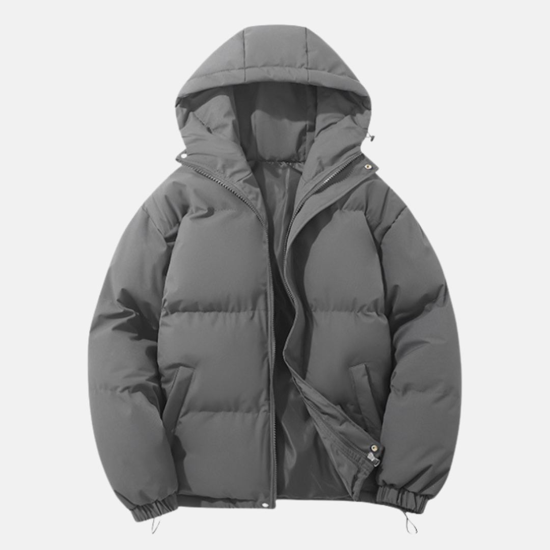 Men’s Puffer Coat - Woven Synthetic - Relaxed Fit - Hip Length - Padded Hood