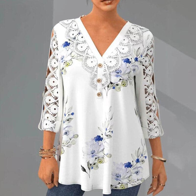 Damebluse - Blomsterprint - Blonder V-hals - 3/4 Ermer - Løs Passform - Knappedetaljer