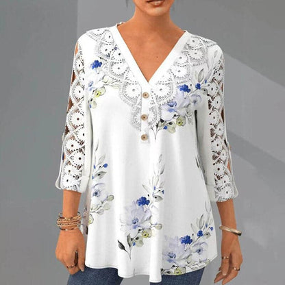Damebluse - Blomsterprint - Blonder V-hals - 3/4 Ermer - Løs Passform - Knappedetaljer