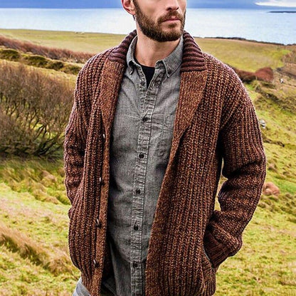 Herre Cardigan - Tykk Strikk - Åpen Front - Ribbestrikket med Sjal Krage - Komfortabel Passform