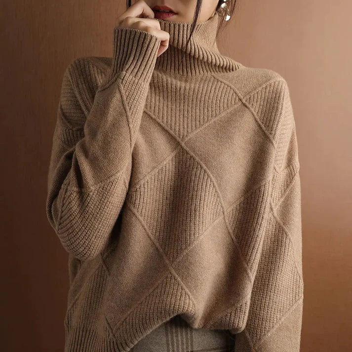 Women's Sweater – Wool Blend – Oversized Fit – High Neck – Ribbed Pattern