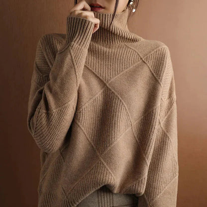 Women's Sweater – Wool Blend – Oversized Fit – High Neck – Ribbed Pattern