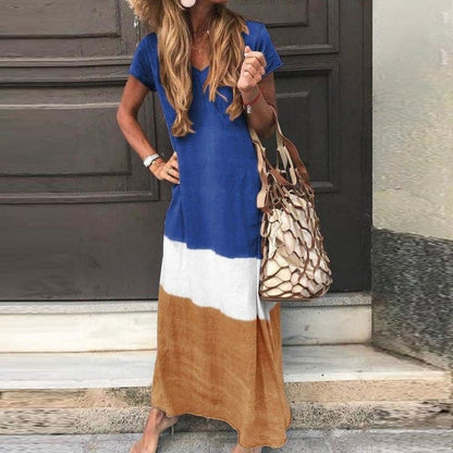 Women's Maxi Dress - Airy and Comfortable - Short-Sleeved with Color Blocks
