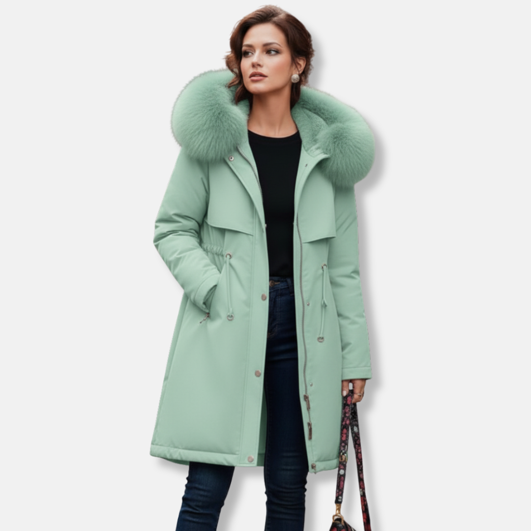Women’s Winter Coat - Quilted Shell - Hooded - Faux Fur Trim - Knee Length