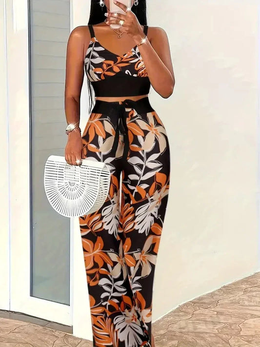 Women's Two-Piece Outfit – Floral Crop Top & Wide Pants – Elegant & Comfortable