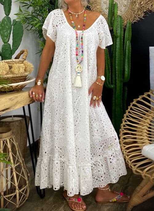 Women's Maxi Dress - Bohemian Style - Broderie Anglaise - V-neck - Airy and Comfortable