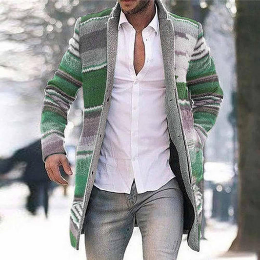 Men's Long Coat - Woven Fabric - Slim Fit - Open Front - Unique Pattern Detail