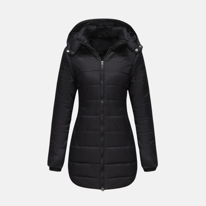 Women’s Puffer Coat - Mid-Thigh Length - Hooded - Two-Way Zipper