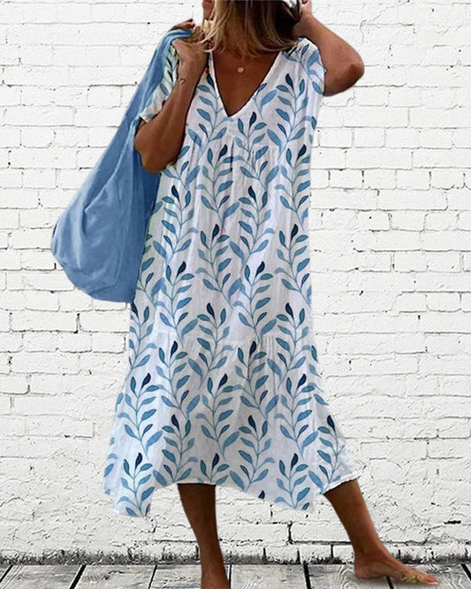 Women's Dress Midi – Relaxed Fit – V-Neck – Short Sleeve – Leaf Print – Breathable Fabric