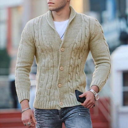 Herre Strikket Cardigan - Kabelstrikk - Ullblanding - Slim Fit - Knappelukking