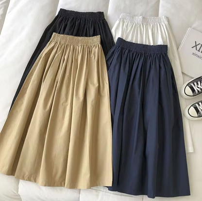 Women's Midi Skirt – High Waist – Loose Fit – Breathable Fabric – Pleated Design
