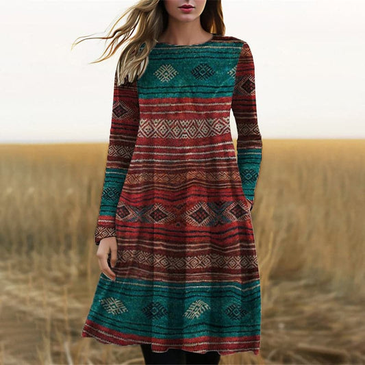 Women's Midi Dress – Boho Pattern – Breathable Material – A-line Cut – Long Sleeves