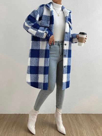 Women's Coat – Teddy Fleece – Oversized Fit – Checkered Pattern – Mid-Length