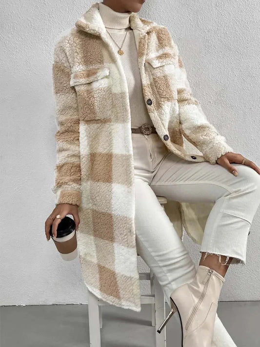 Women's Coat – Teddy Fleece – Oversized Fit – Checkered Pattern – Mid-Length