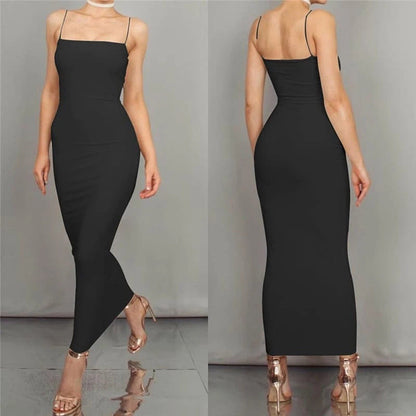 Women's Midi Dress - Tight Bodycon Fit - Square Neckline - Spaghetti Straps