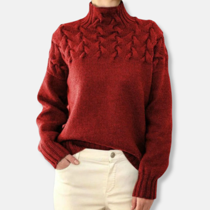 Rose Wool High Neck Sweater | Cable Knit Relaxed Fit Sweater