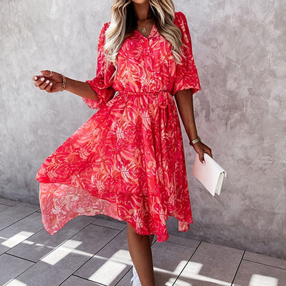 Women's Midi Dress – A-line Fit – V-neck – Short Sleeves – Floral Pattern