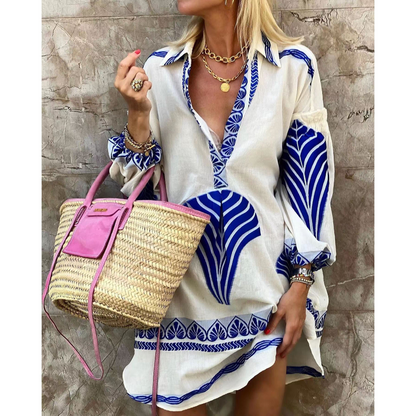Dress woman – mini length – relaxed fit – V-neck – voluminous sleeves – breathable fabric