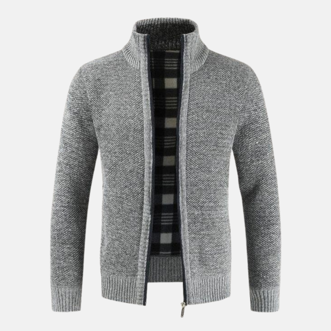 Giacomo High Collar Zip Cardigan | Plaid Lining Cardigan
